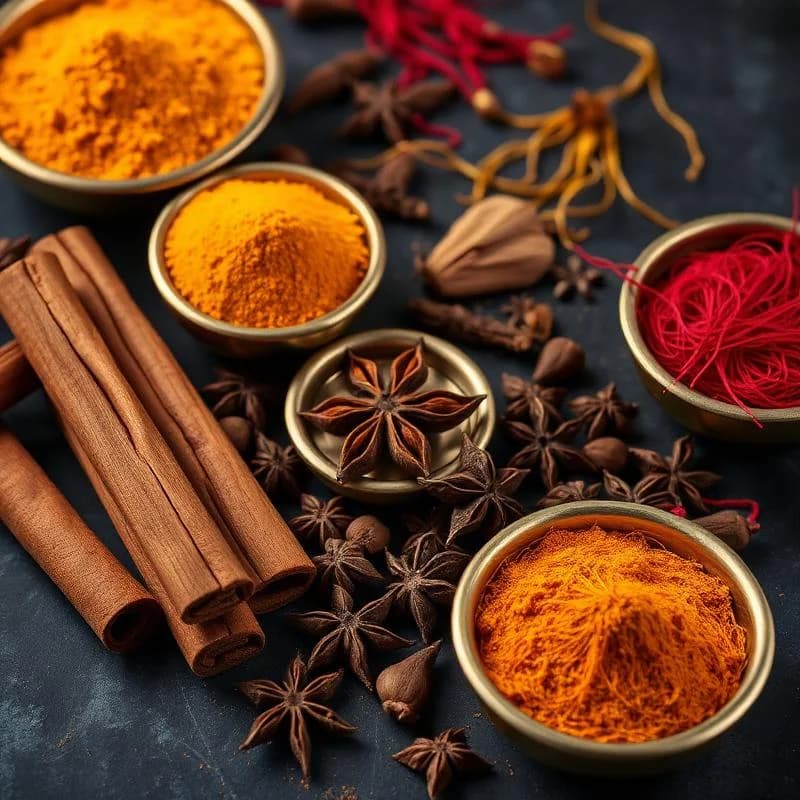 Autentiska indiska kryddor som anvands i Laxmis matlagning